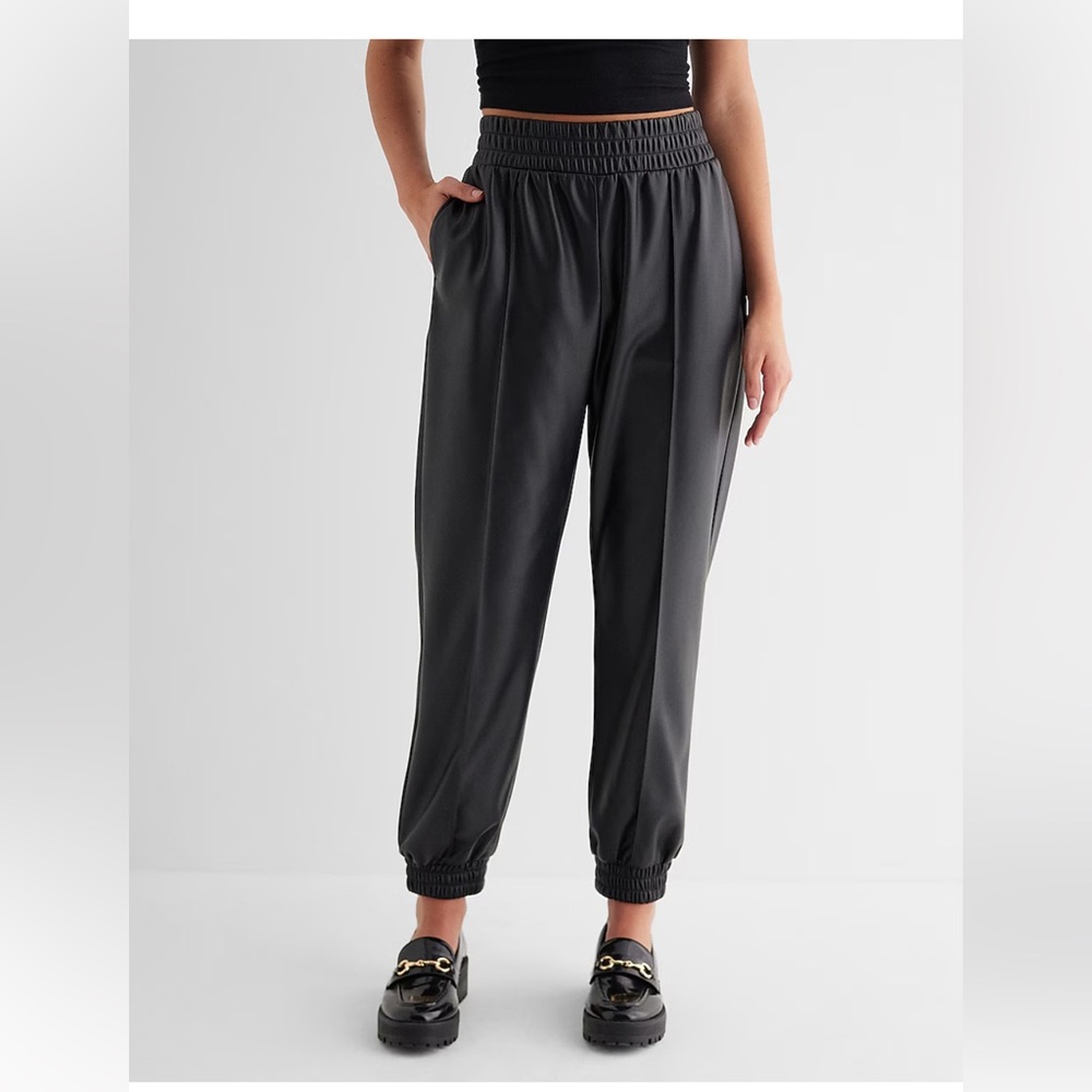 Express Black High Waisted Faux Leather Seamed Joggers women’s NEW